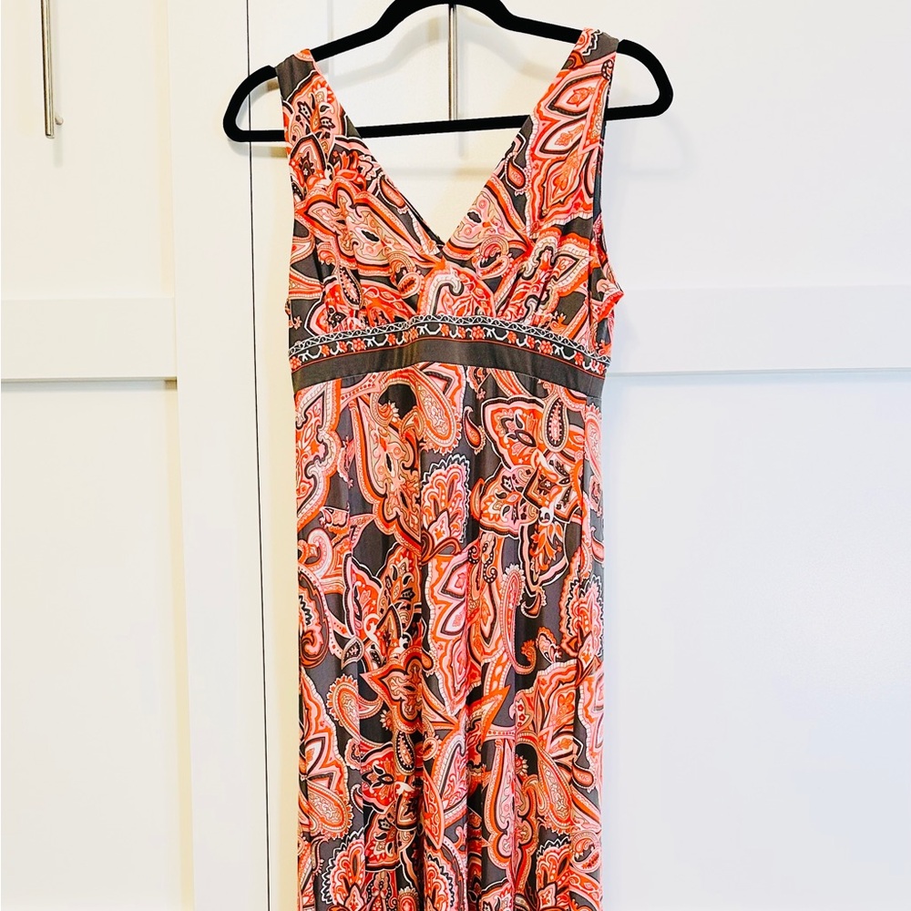 INC Dress Maxi Bright Paisley Pink Coral Taupe V Neck & Back S/L Sz M